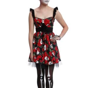 NWT Hot Topic Day of the Dead Skulls Calavera Lace Up Dress Black Red Large